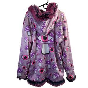 Liquid Dreams Art Faux Fur Jacket Womens XL Pink Reversible Eyeball Rave Shroom
